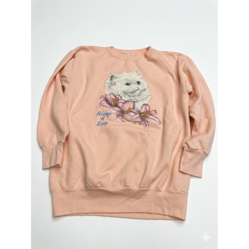 VTG 90s Sportswear of CA Cat Sweatshirt Pink Coquette Kitten Crewneck Pullover L